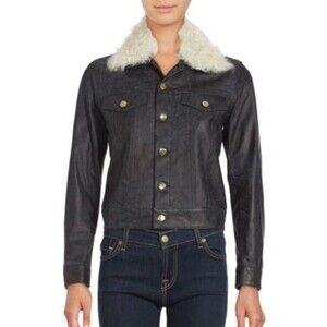 Derek Lam 10 Crosby Shearling Trimmed Lamb Leather Trucker Jacket Indigo Sz XS